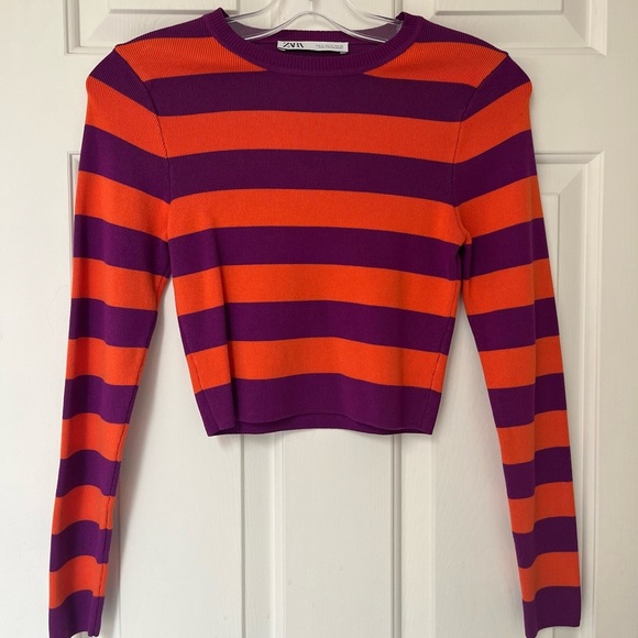 Zara Striped Cropped Knit Sweater M Purple & Orange - Picture 2 of 10